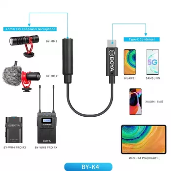 BOYA BY-K4 3,5 mm TRS -liitäntä USB-C-pistokkeeseen -sovitinjohto mikrofoneille (6 cm, musta)