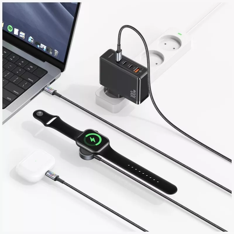 USAMS Huan-sarja 3-in-1 latauskaapeli langattomalla laturilla 72W USB-C tummanharmaa
