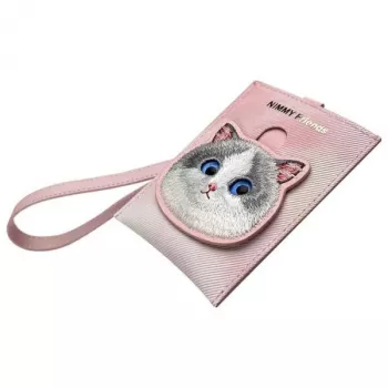 NIMMY Big Eyed Pet 2.0 kissa pinkki PU-nahka korttikotelo lompakko 6 korttitaskulla, kolikkotaskulla ja vetoketjulla