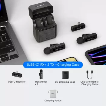 BOYA BY-V30 langaton lavalier-mikrofonijärjestelmä USB-C-laitteille, 2,4 GHz, 50 m kantama, 9 tunnin akku, kohinanvaimennus, musta