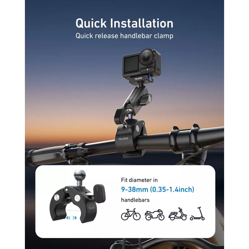 TELESIN Magic Arm Clamp Mount DJI Osmo Action 5 Pro/4/3, Osmo 360, GoPro, Insta360 – S3-HBM-14-TDJ