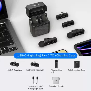 BOYA BY-V3 Combo 2,4 GHz langaton mikrofonijärjestelmä 2 lähettimellä ja 2 vastaanottimella (Lightning & USB-C) - musta