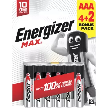 Energizer Max AAA alkaliparistot, 1,5 V, 6 kpl:n pakkaus (4+2)