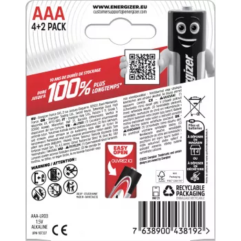 Energizer Max AAA alkaliparistot, 1,5 V, 6 kpl:n pakkaus (4+2)