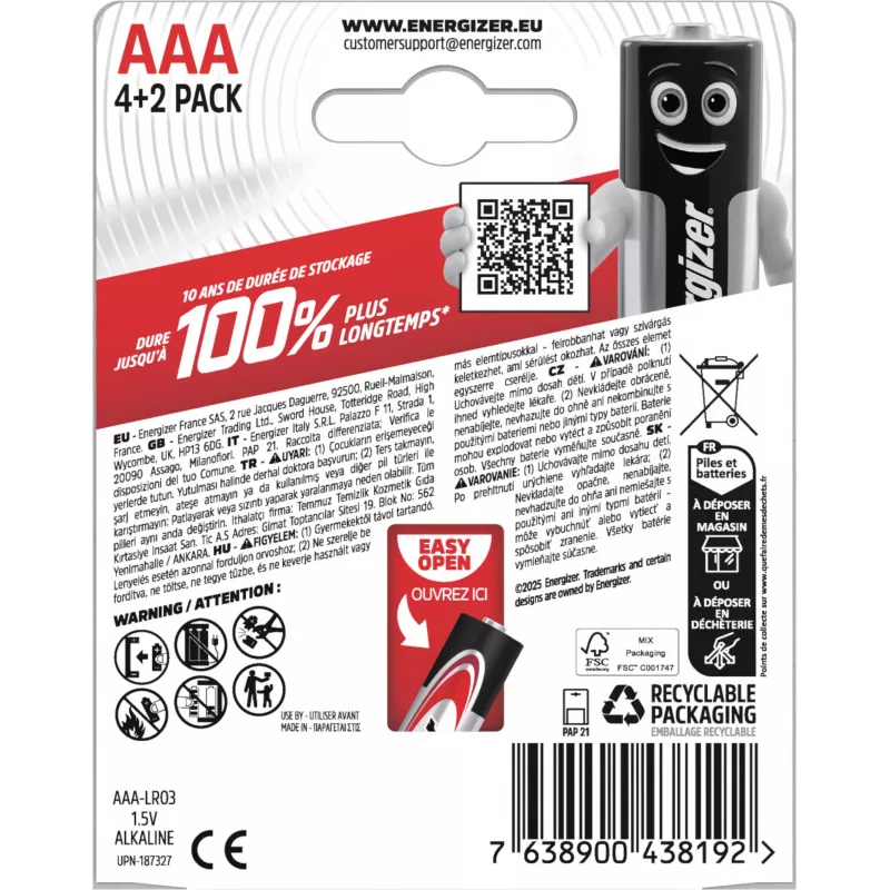 Energizer Max AAA-alkaliparistot, 1,5 V, 6 kpl:n pakkaus (4+2)