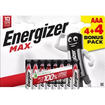 Energizer Max AAA-alkaliparistot, 1,5 V, 8 kpl:n pakkaus (4+4)