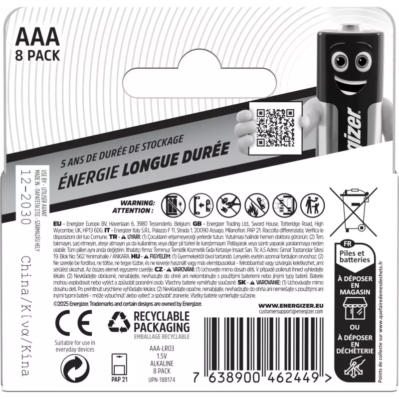 Energizer Everyday AAA/LR03 -alkaliparistot, 8 kpl:n pakkaus (DHP8)