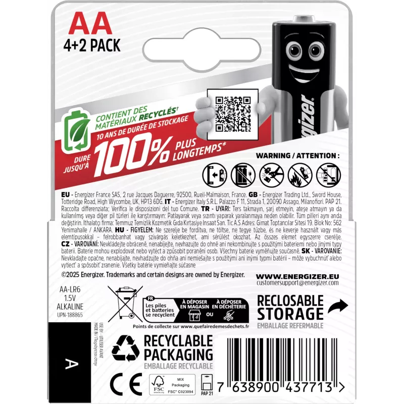 Energizer Max AA alkaliparistot, 1,5 V, 6 kpl pakkaus (4+2)