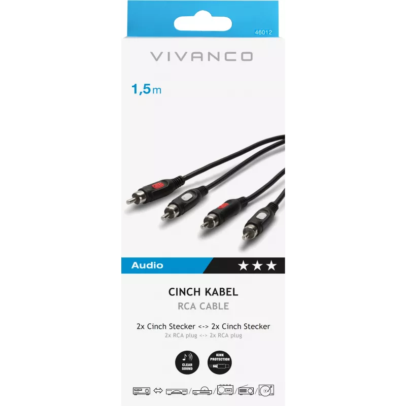 Vivanco 2xRCA–2xRCA-audiokaapeli 1,5 m (VVA2RCA15MMK)