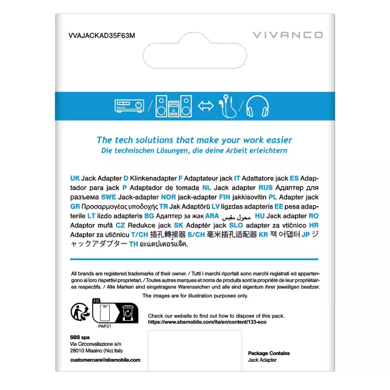 Vivanco VVAJACKAD35F63M 3,5 mm plugiadapteri (liitäntä plugiin) stereo
