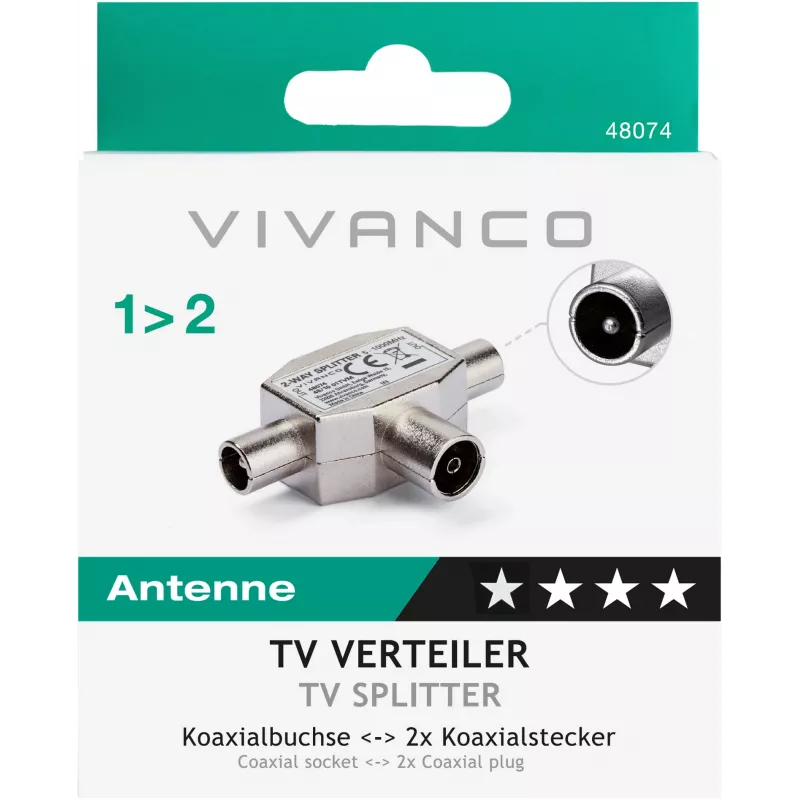 Vivanco suojattu 2-tie-TV-antennijakaja, koaksiaalinaaras – 2 urosta (VVANSHILD2M1F)