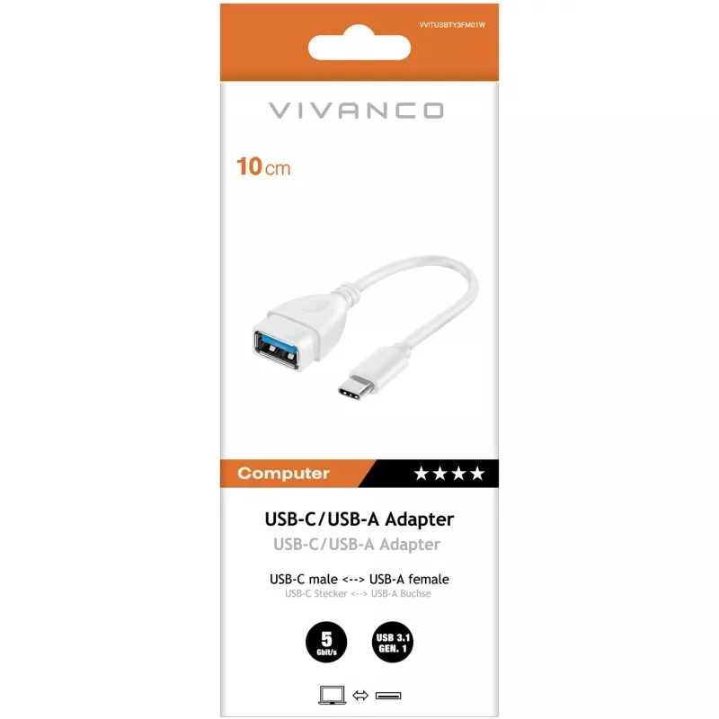 Vivanco USB-C–USB-A 3.0 -adapteri 10 cm, valkoinen (VVITUSBTY3FM01W)