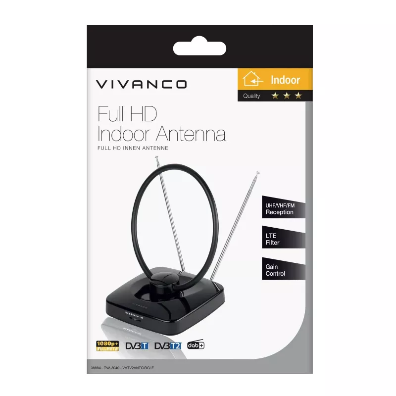 Vivanco VVTV2ANTCIRCLE sisäantenni DVB-T/T2-, DAB/DAB+- ja FM-radiolle, musta