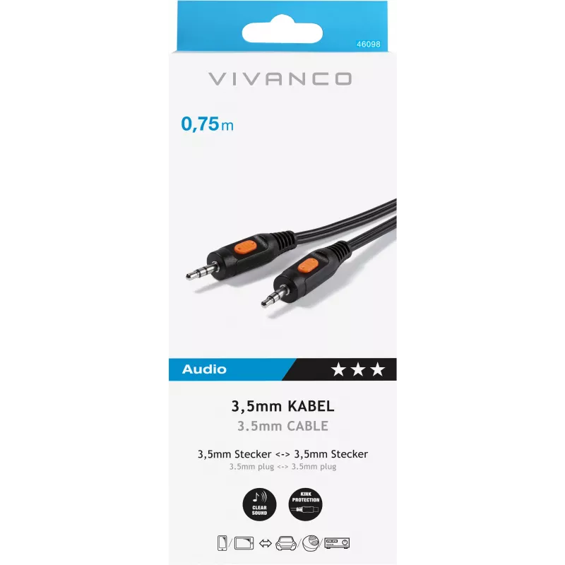 Vivanco audiokaapeli 3,5 mm – 3,5 mm 0,75 m (VVAJACK07MMK)