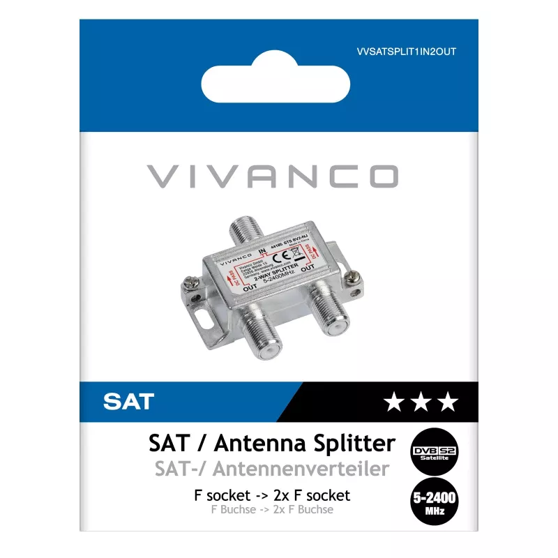 Vivanco VVSATSPLIT1IN2OUT satelliittijakaja 1 tulo 2 lähtöä 5-2400 MHz F-pistoke