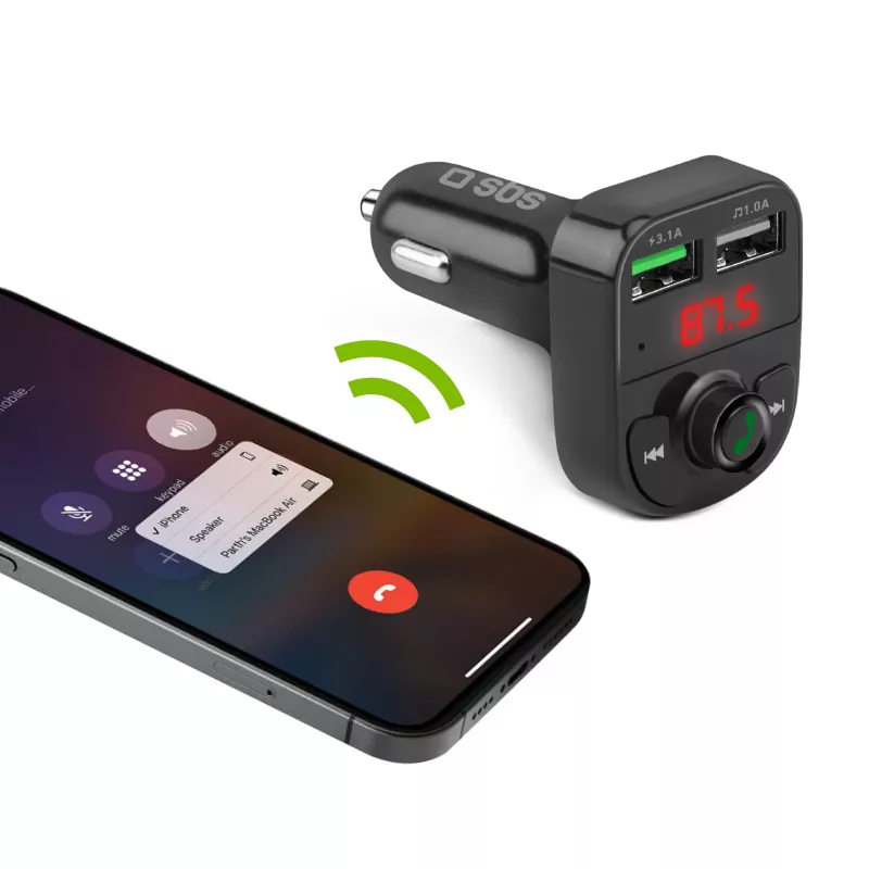 SBS TECARFM2USB Bluetooth FM-lähetin handsfree-toiminnolla ja kahdella USB-latausliitännällä