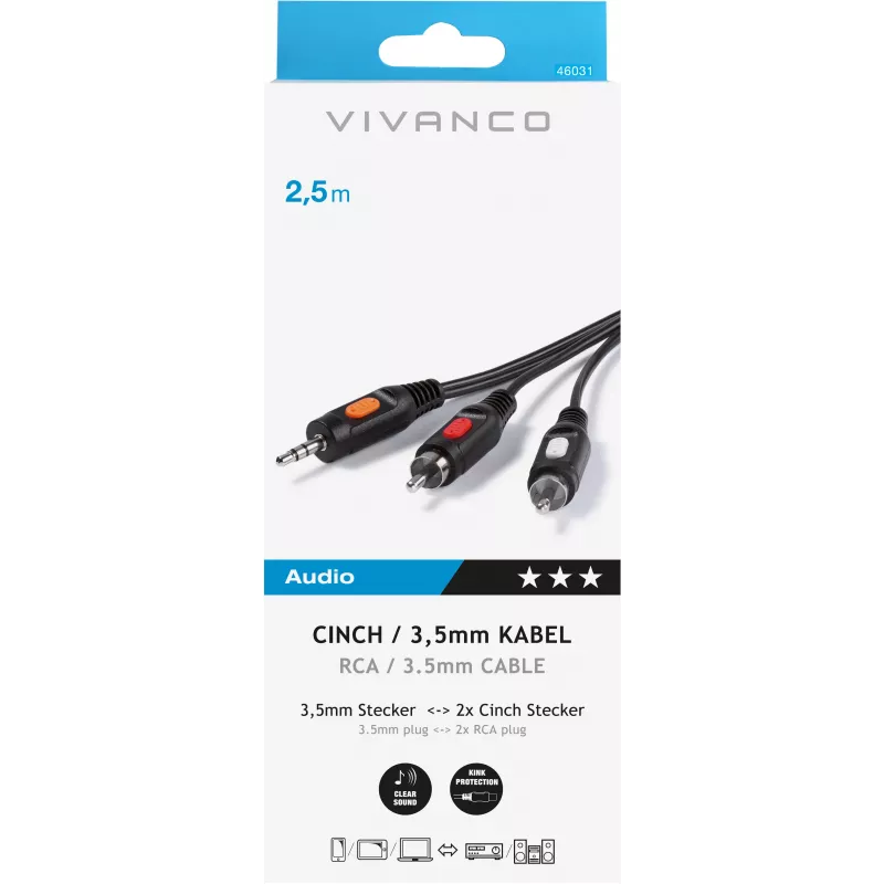 Audiokaapeli 3,5 mm – 2xRCA Vivanco 2,5 m (VVAJACK2RCA25MMK)