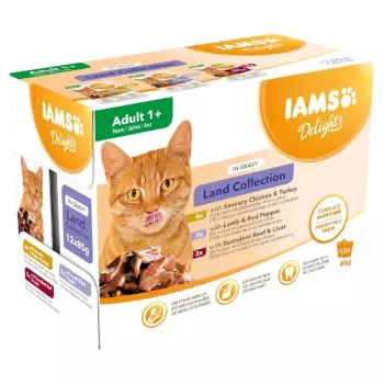EUKANUBA IAMS DELIGHTS Land Collection kastikkeessa märkäruoka kissoille, 12 x 85g pussia, aikuinen, kana, lammas & kalkkuna