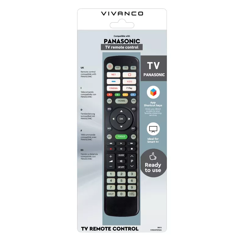 Vivanco VVREMOTEPANA universaali kaukosäädin Panasonic-TV:ille – esiohjelmoitu, IR, musta