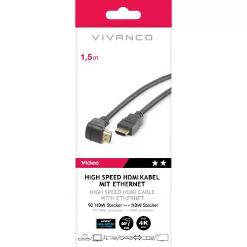 Vivanco High Speed -HDMI-kaapeli Ethernetillä, 90 asteen kulma, 1,5 m, musta (VVVHDMI30M1M90K)