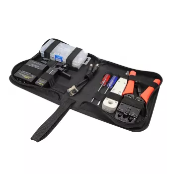 DSIT DC-TOOLSET-PRO ammattimainen verkkotyökalusarja puristuspihdeillä, testerillä, LSA-työkalulla, piihdeillä, ruuvitaltoilla, liittimillä ja vetoketjulaukulla
