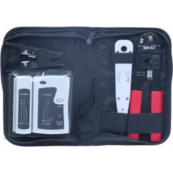 DSIT 9-osainen verkon asennus- ja korjaustyökalusarja RJ45-puristuspihdeillä, kaapelitesterillä, asennustyökalulla ja vetoketjulaukulla (DC-TOOLSET)