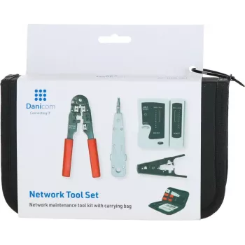 DSIT 9-osainen verkon asennus- ja korjaustyökalusarja RJ45-puristuspihdeillä, kaapelitesterillä, asennustyökalulla ja vetoketjulaukulla (DC-TOOLSET)