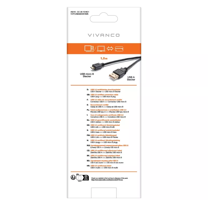 Vivanco VVITUSBAMICB10MK USB 2.0 Type-A - Micro-B -kaapeli, 1 m, musta