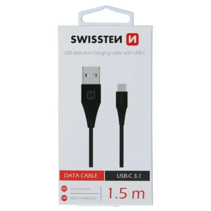Swissten USB-A - USB-C 3.1 Gen 1 -kaapeli 1,5 m musta