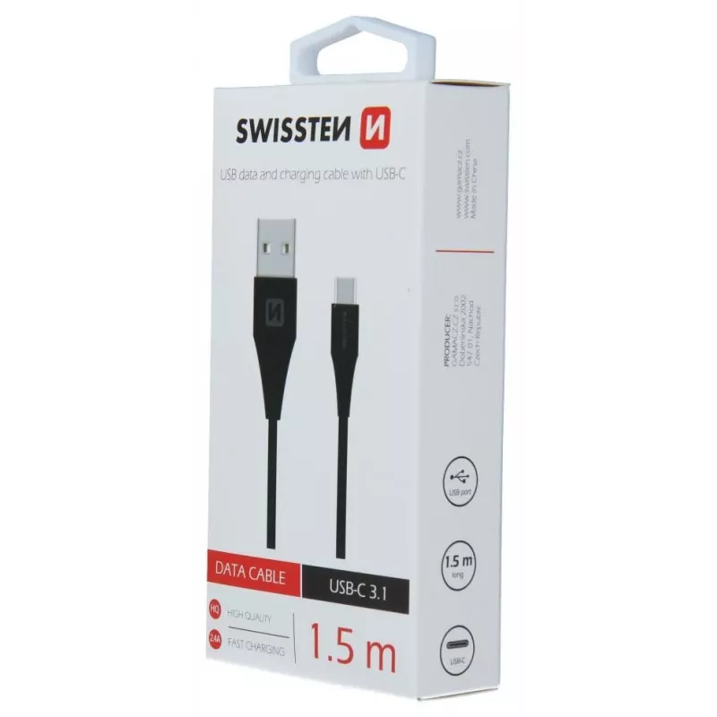 Swissten USB-A - USB-C 3.1 Gen 1 -kaapeli 1,5 m musta
