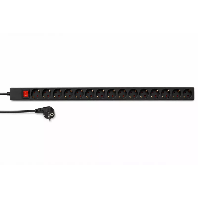 DSIT DS-15PDU 15-liitäntäinen pystysuora räkki-virranjakoyksikkö, 230V 16A, Schuko-pistorasiat, 2 m kaapeli, musta