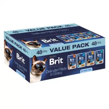 Brit Delicate Fillets in Gravy aikuisille kissoille - 48x85g monipakkaus (kana, nauta, kalkkuna, lohi)