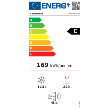 LG GBBS312CPY vapaasti seisova yhdistelmäjääkaappi pakastimella, Total No Frost, ruostumaton teräs, energiatehokkuusluokka C, 333L
