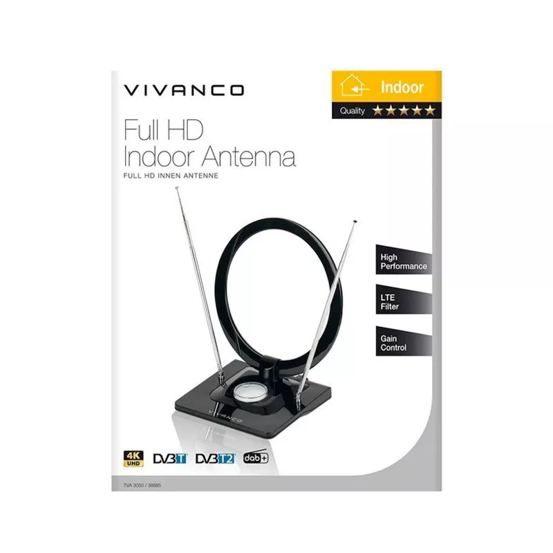 Vivanco VVTVANTSCIRCLE sisäantenni DVB-T2/DAB+ litteä antenni 4G/5G-suodattimella, musta
