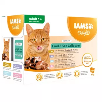 EUKANUBA IAMS DELIGHTS Land & Sea Collection kastikkeessa märkäruoka kissoille – 12x85g pussi (lohi & turska, kana & kalkkuna, lammas & punainen paprika)