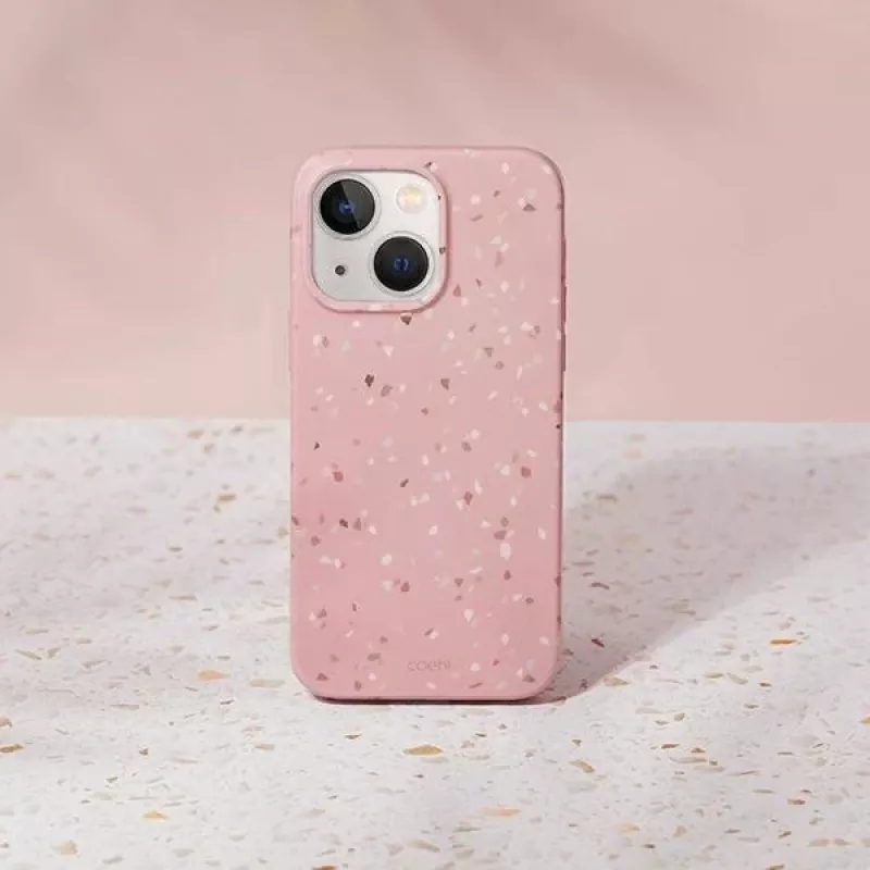 UNIQ Coehl Terrazzo -kotelo iPhone 14 Plus / 15 Plus -puhelimelle, korallinpunainen