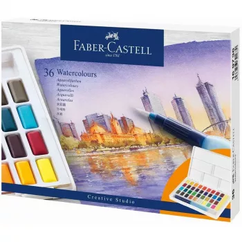 Faber-Castell Creative Studio akvarellimaalisarja, 36 väriä kiinteissä kuppeissa, sivellin ja sieni, sekoituspaletti kannessa, Student Grade, läpinäkyvä, täytettävä, kannettava muovilaatikko
