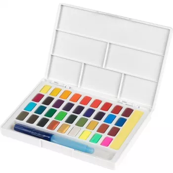 Faber-Castell Creative Studio akvarellimaalisarja, 36 väriä kiinteissä kuppeissa, sivellin ja sieni, sekoituspaletti kannessa, Student Grade, läpinäkyvä, täytettävä, kannettava muovilaatikko