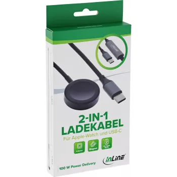 InLine® 2-in-1-latauskaapeli Apple Watch + USB-C, 100 W, USB 2.0, 1,2 m