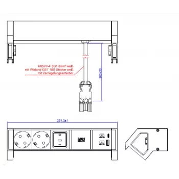 Bachmann DESK2 valkoinen pöytävirtamoduuli, 2 Schuko-pistorasiaa ja USB-A/C 22W, 0,2 m GST18