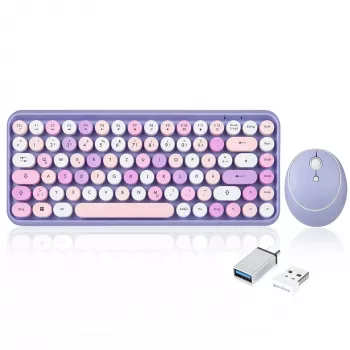 Perixx PERIDUO-713PP DE langaton mini-näppäimistö- ja hiirisarja, retro-vintage-muotoilu, violetti, saksalainen asettelu