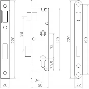 PSG 63.211 L/P uppolukko salpalla ja telkillä, vaihdettava, 220 x 22 mm etulevy, 72 mm PZ, 50 mm etäisyys, sinkitty teräs