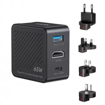 UNITEK P1242ABK01 GaN 3-in-1 matkalaturi-keskitin 65W, 4K@60Hz HDMI, USB-A ja USB-C