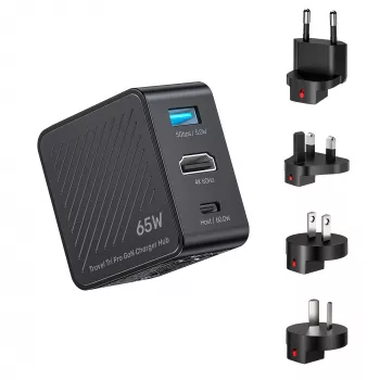 UNITEK P1242ABK01 GaN 3-in-1 matkalaturi-keskitin 65W, 4K@60Hz HDMI, USB-A ja USB-C