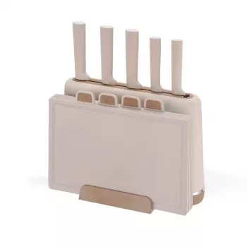 MEO MR-1412-BEIGE MAESTRO veitsisarja leikkuulaudoilla ja telineellä, 5 veistä, 2 lautaa, beige