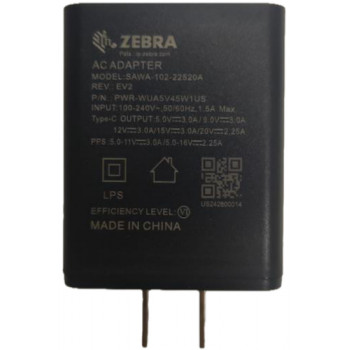 Zebra USB Type-C -virtalähde brittiläisellä pistokkeella ja käytetyllä USB-C-kaapelilla