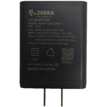 Zebra USB Type-C -virtalähde brittiläisellä pistokkeella ja käytetyllä USB-C-kaapelilla