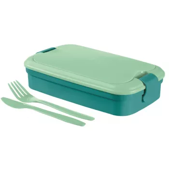 CURVER Lunch&Go suorakaiteen muotoinen ruokakulho integroiduilla aterimilla, 1,4L, sininen