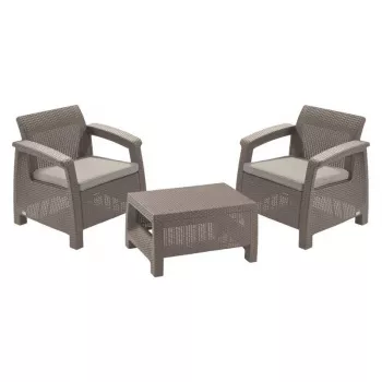 KETER puutarhakalustesarja Corfu Weekend beige - 2 nojatuolia & sohvapöytä, rottinkijäljitelmä ulkoloungesarja