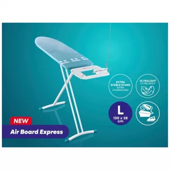 LEIFHEIT Air Board Express L Solid silityslauta 130x38 cm Thermo-Reflect-teknologialla, korkeussäädettävä 75-98 cm, taitettava, olkapäämuoto, liukumattomat jalat, silitysraudan teline, kaapelipidike, valkoinen/sininen